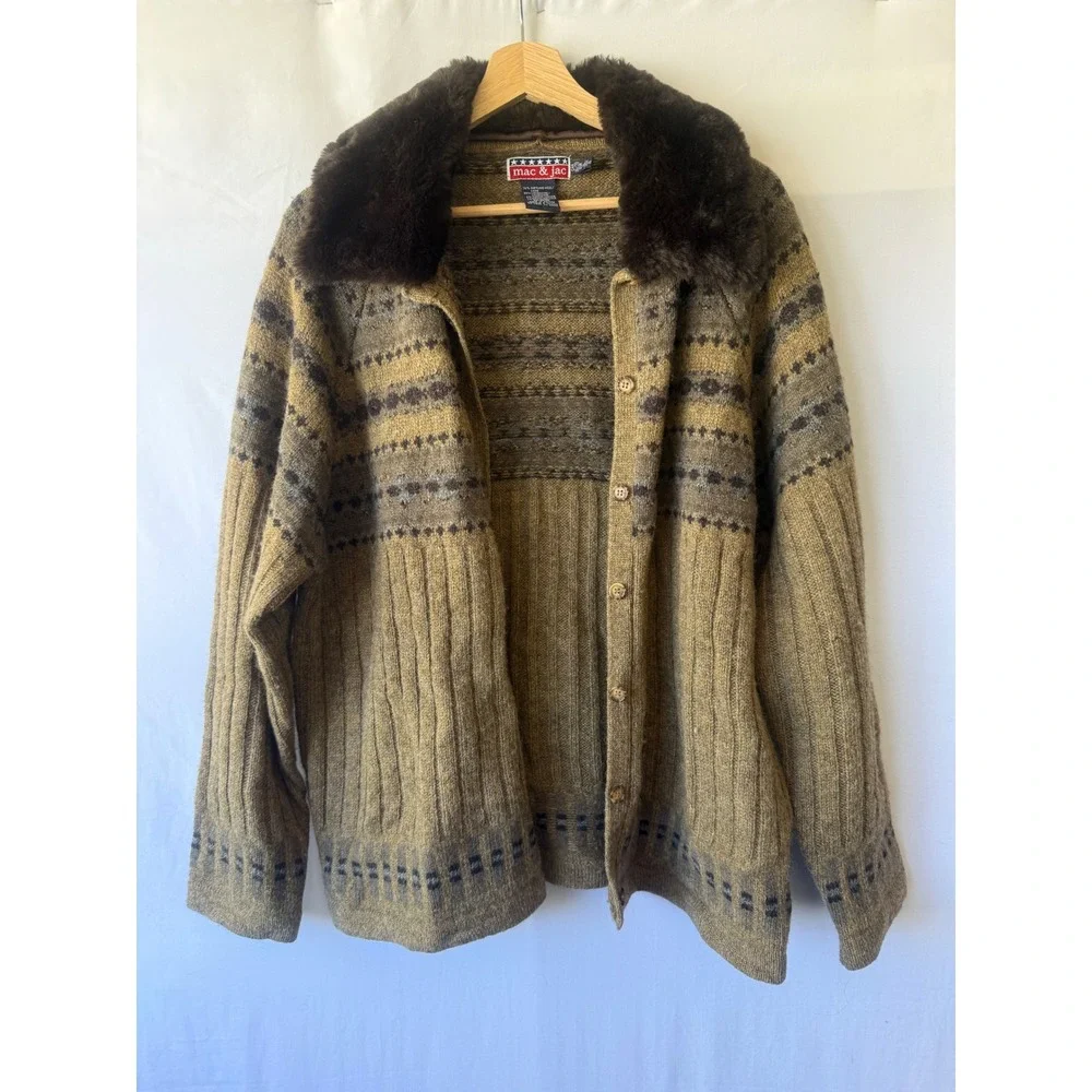 Mac & Jac Mens XL Shetland Wool Mohair Fair Isle Cardigan Faux Fur Collar Olive